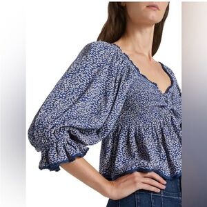 Free People Brittnee Print Smocked Back Peplum Top with Puff Sleeves Size S NWT